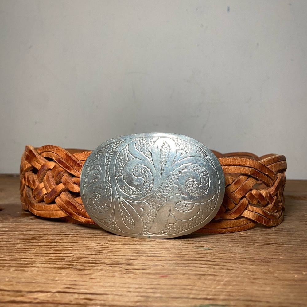 Women’s braided leather belt silver buckle western boho